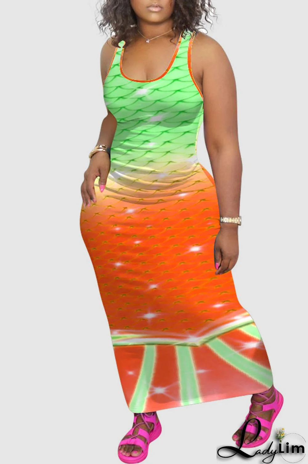 Tangerine Red Casual Print Split Joint U Neck Vest Dress Dresses