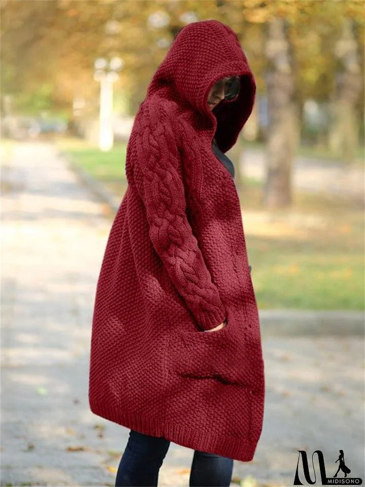 MidiSono - Women's Warm Buttoned Hooded Long Sweater Cardigan