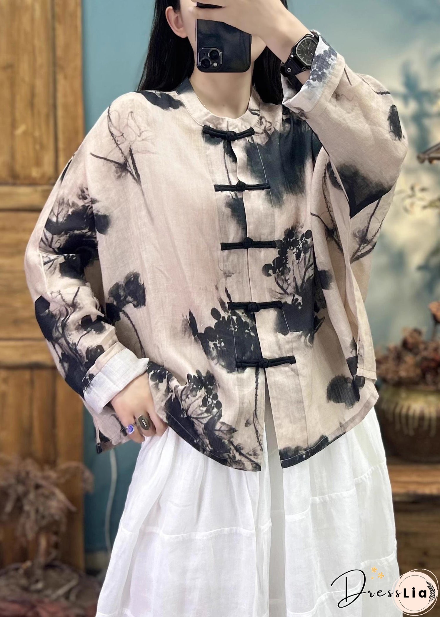 Loose Khaki Print Button Linen Coats Long Sleeve