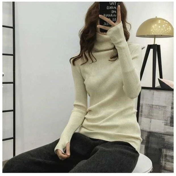 2020 Autumn Winter warm Sweater Women Knitted Ribbed Pullover Sweater Long Sleeve Turtleneck Slim Jumper Soft Warm Pull Femme