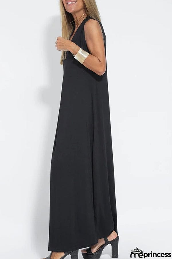 Women Casual Solid Color Sleeveless Maxi Dress