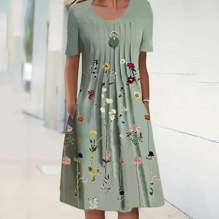 Vintage Pleat Floral Printed Round Neck Short Sleeve Midi Dress