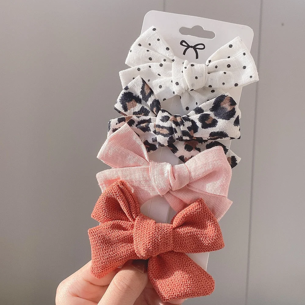 4Pcs/set Leopard Print Hairpins Bowknot Hair Clips For Cute Girls Cotton Safty Barrettes Hairgrip Headwear Kids Hair Accessories