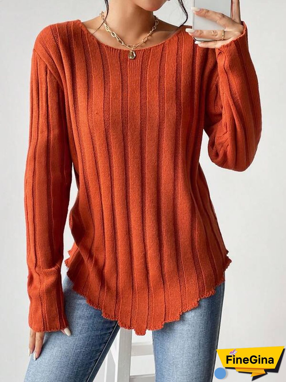 Orange Plain Long Sleeve Sweater