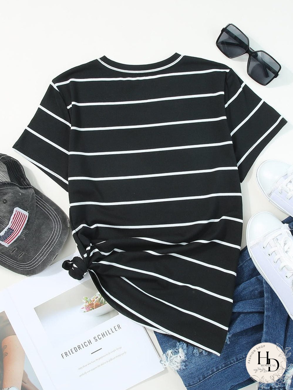 Stripe Print Black Short Sleeve Tee