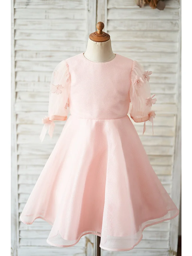 Bellasprom Short Sleeve Jewel Neck Ball Gown Knee Length  Flower Girl Dress Tulle With Petal