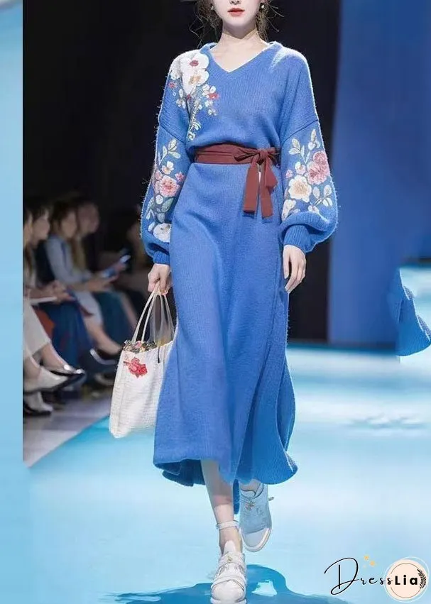 Modern Blue V Neck Print Tie Waist Cotton Knit Long Sweater Dress Winter