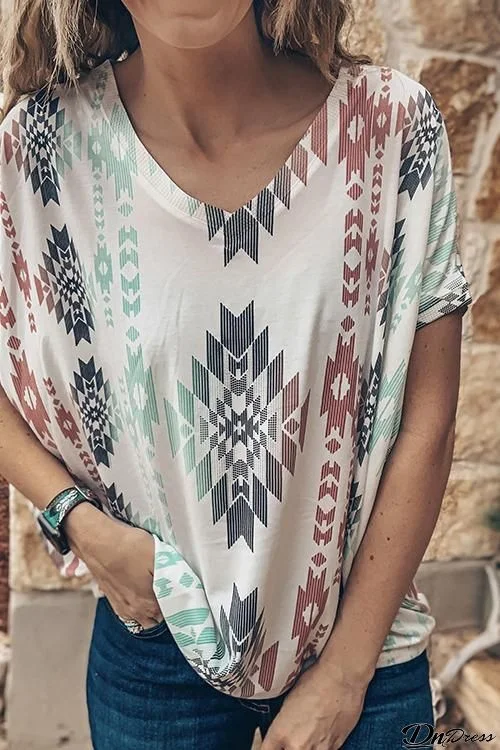 Ethnic Print V Neck Short Sleeve T Shirt