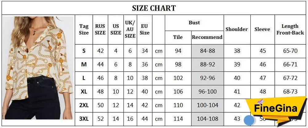 Women Chain Print Vintage Chiffon Blouse Turn-Down Collar Plus Size Loose Tops
