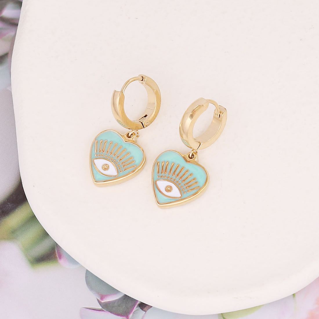 Women Eye Bohemian Heart Stainless Steel Oil Dripping Earrings