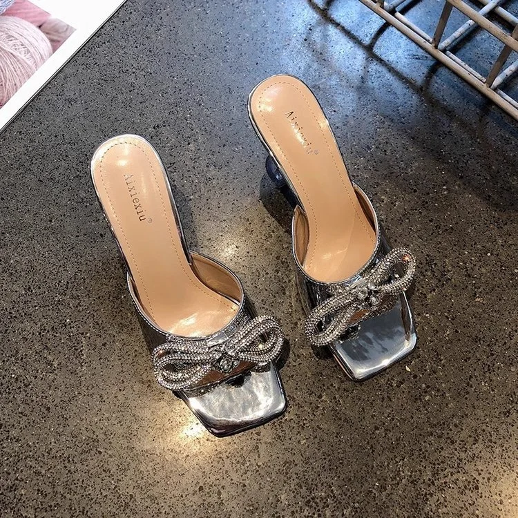 Wongn Wongn Women's Shoes 2024 Summer New One-Line Bow High With Cool Drag Thin Heel Slippers