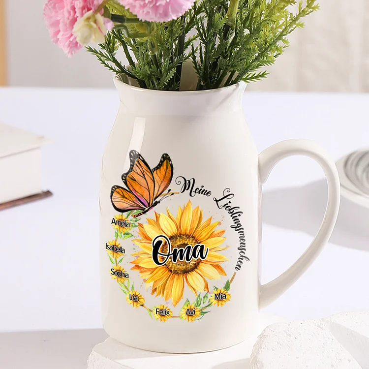 Personalisierte 2 Texte & 7 Namen Sonnenblume & Schmetterling Familie Vase