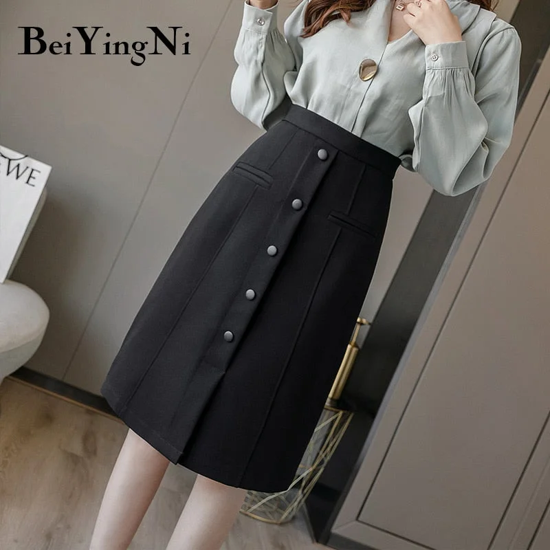 Beiyingni Korean Skirt Women Vintage Elegant Office Ladies Skirts Buttons OL Work Wear Casual High Waist Saia Black Faldas Mujer