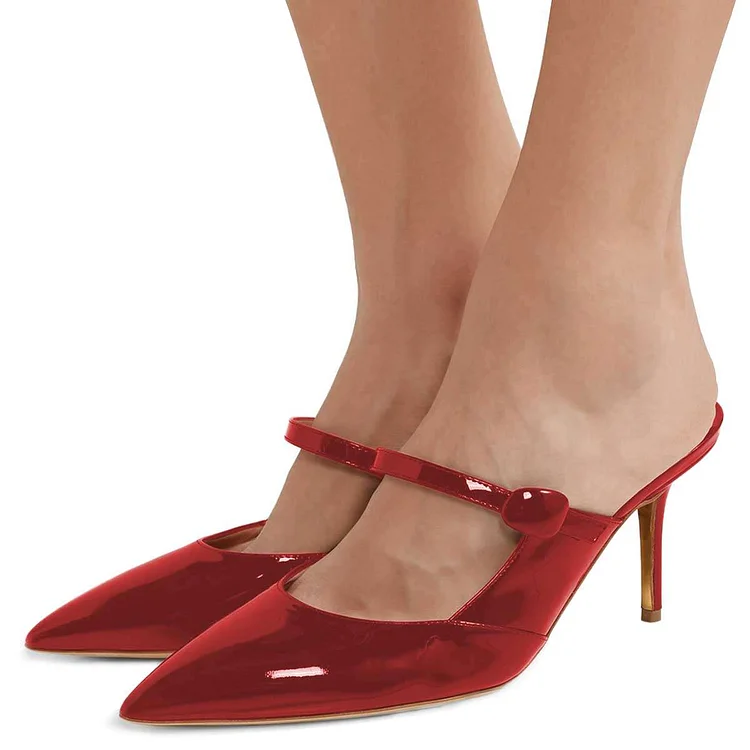Red Patent Leather Buckle Strap Pointed Toe Mule Heels |FSJ Shoes