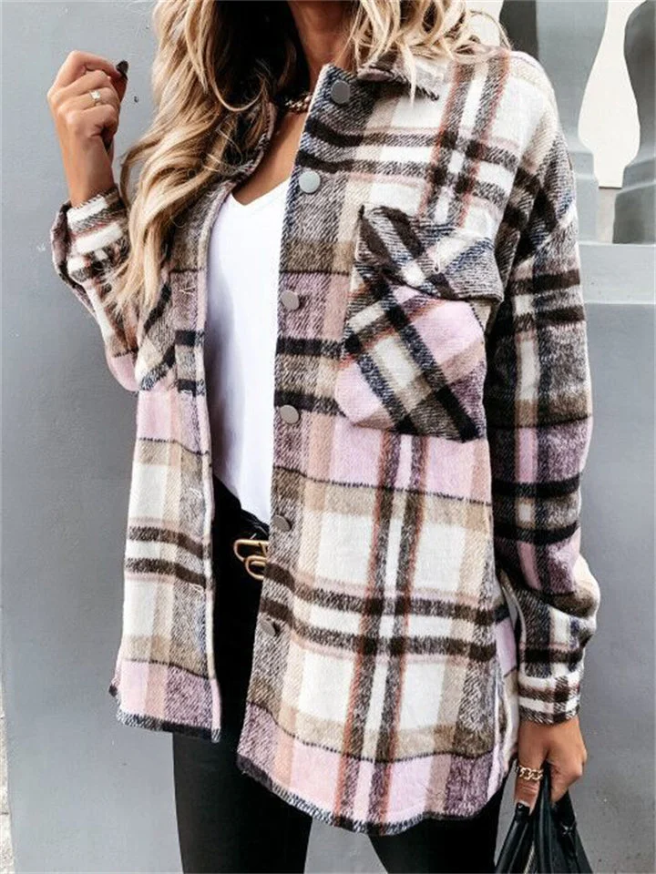 Fashion Long Sleeve Loose Plaid Shacket Shirt