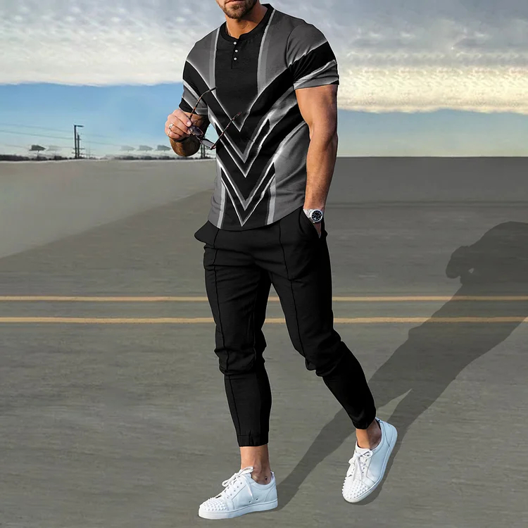 Black Geometry Henley Collar T-Shirt And Pants Co-Ord