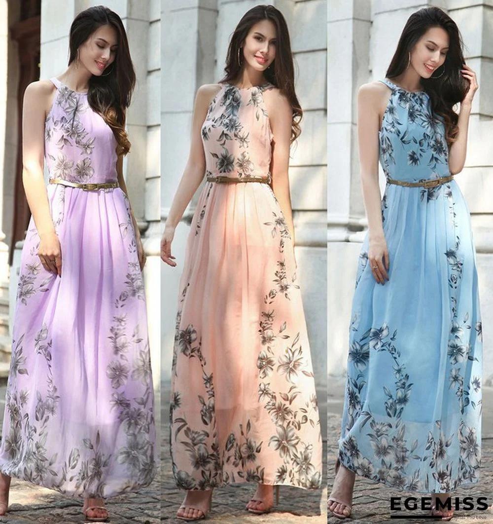 Bohemian Slim Dress Floral Sleeveless Print Chiffon Beach Skirt Holiday Dress | EGEMISS