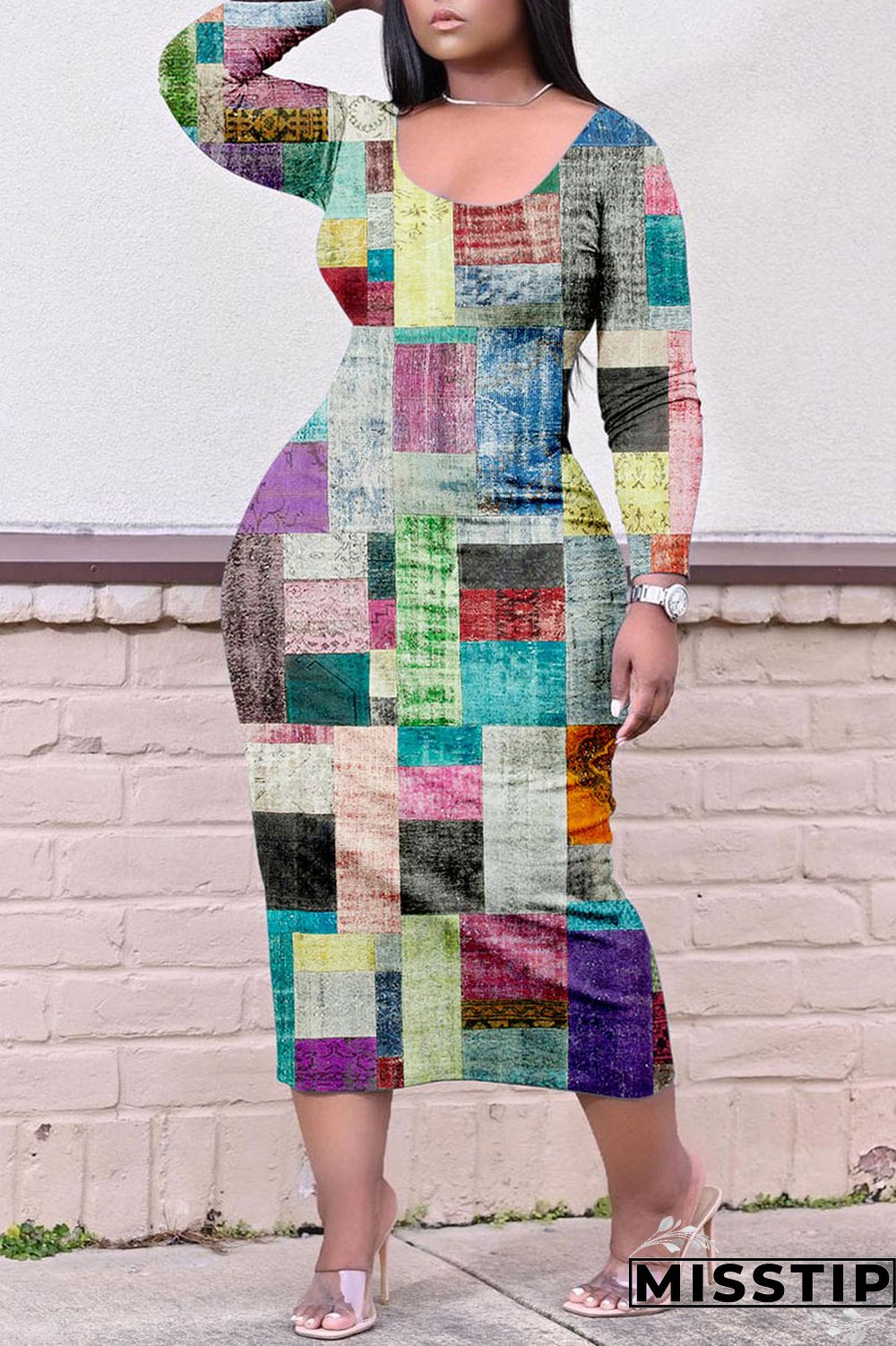 Colour Casual Print Patchwork O Neck Straight Plus Size Dresses