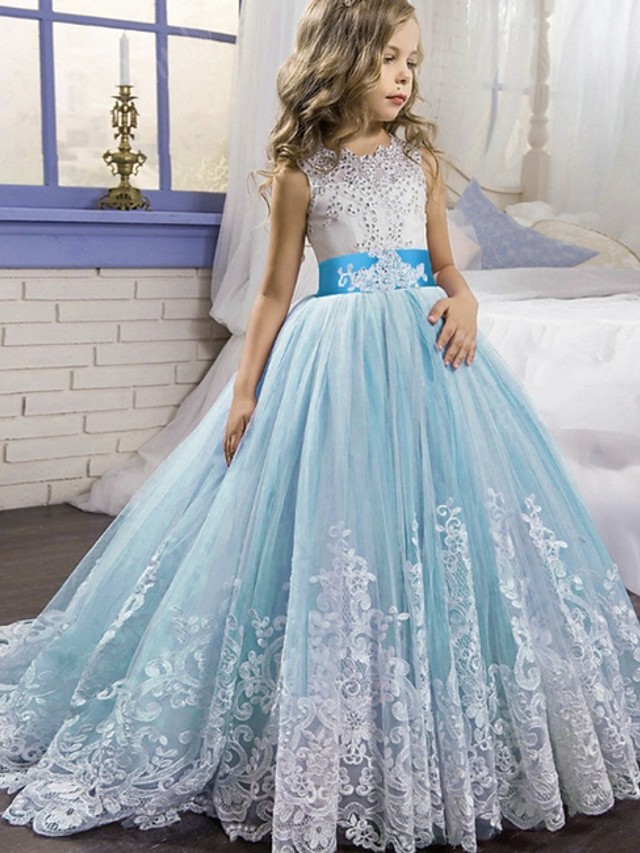 Dresseswow Princess Tulle Sleeveless Jewel Flower Girl Dresses With Bow Appliques Beading