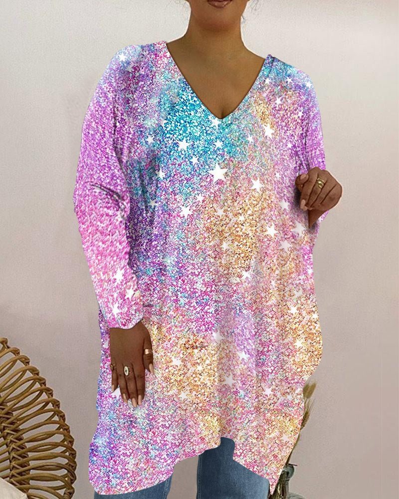Fashion V-neck star embellished large size long-sleeved top