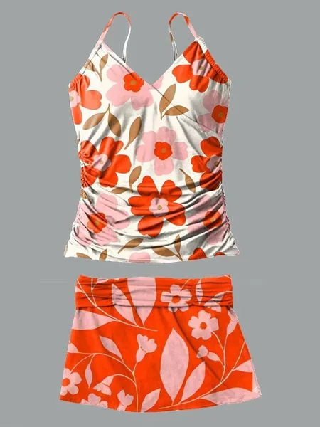 V Neck Retro Pattern Print Suspender Bikini Pants Set Swimsuit