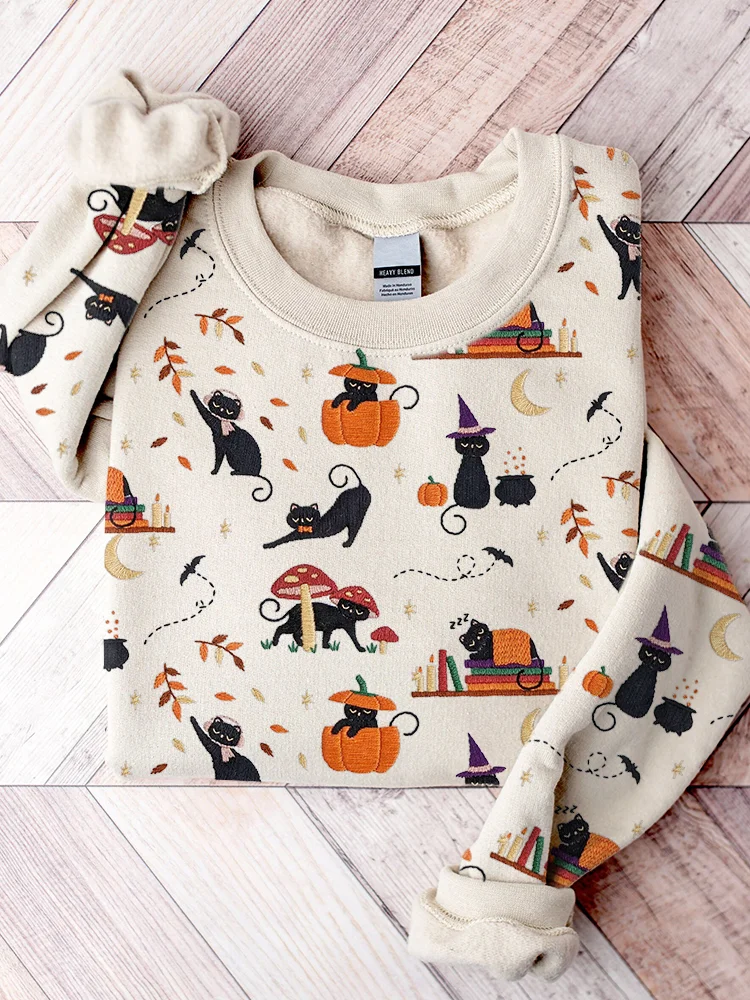 Comstylish Black Cat Pumpkin Embroidery Pattern Sweatshirt