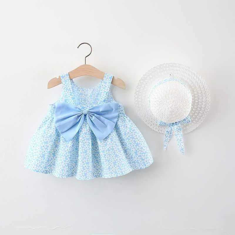 1 to 4 Years 2021 New Fashion Baby Girl Sleeveless Dresses Princess clothing Cute 2pcs set Party Cotton Flower Children Bow Hat