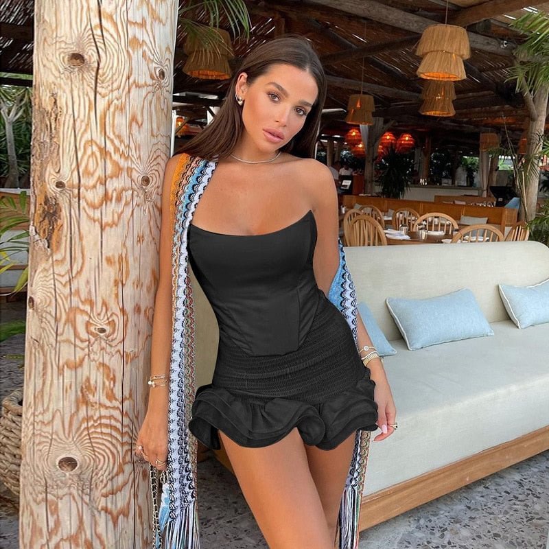 BOOFEENAA Sexy Two Piece Sets Smocked Corset Tube Top and Ruffle Mini Skirts Vacation Beach Vacation Outfit Women C76-EB28