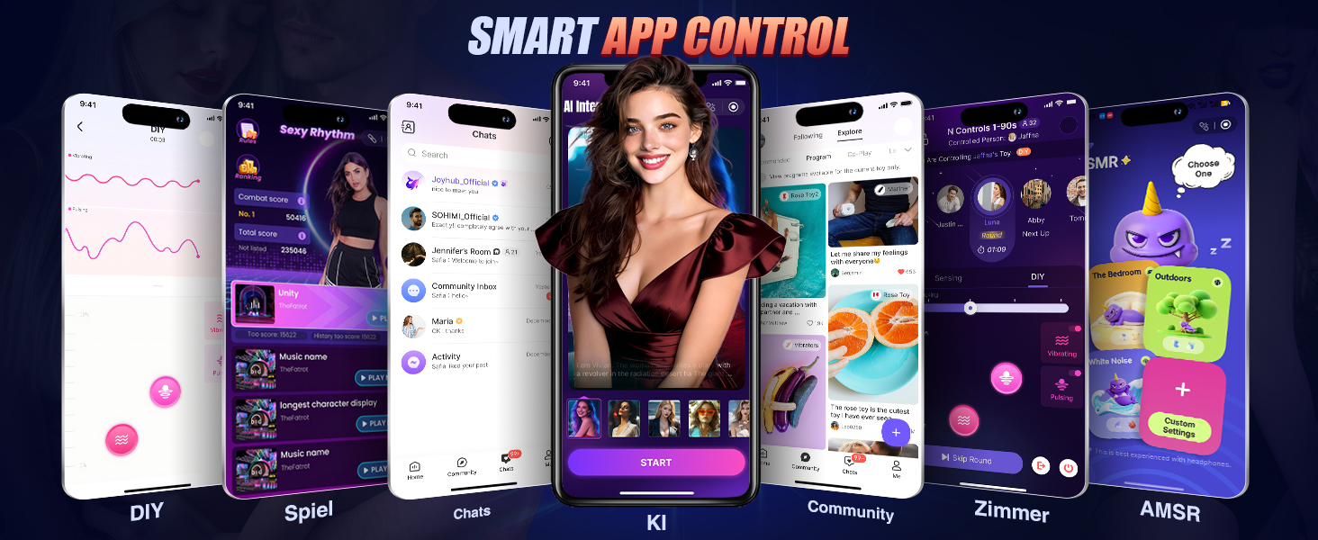 Multiple mobile app UI screens depicting a smart app control system with a purple and blue color scheme, showing various menu options and settings panels.
