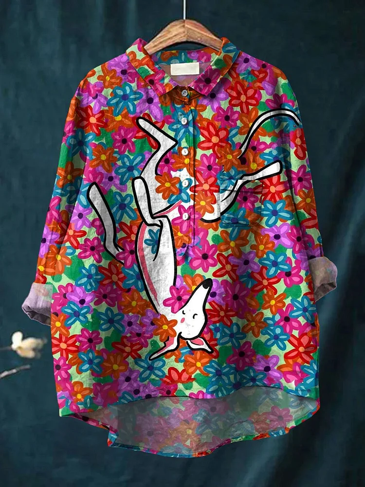Women's Flower Dog Art Print Casual Cotton And Linen Shirt