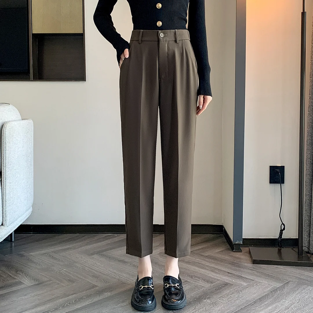 Woherb Grey Suit Pants Female Autumn New Ice Silk Pants Hanging Feeling Show Thin Harun Nine Points Casual Straight Tube Smoke Pipe Pants-Outfit Ideas