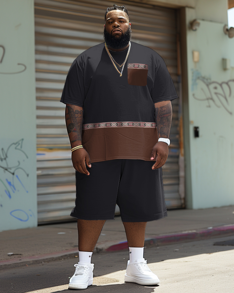 Men's Plus Size Simple Casual Stitching Ethnic Printing Pocket T-shirt Shorts Suit