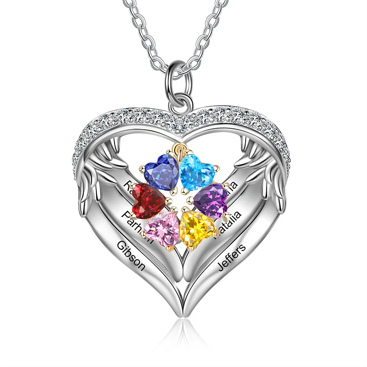 Personalized Diamond Heart Necklace with 6 Birthstones Wings Necklace