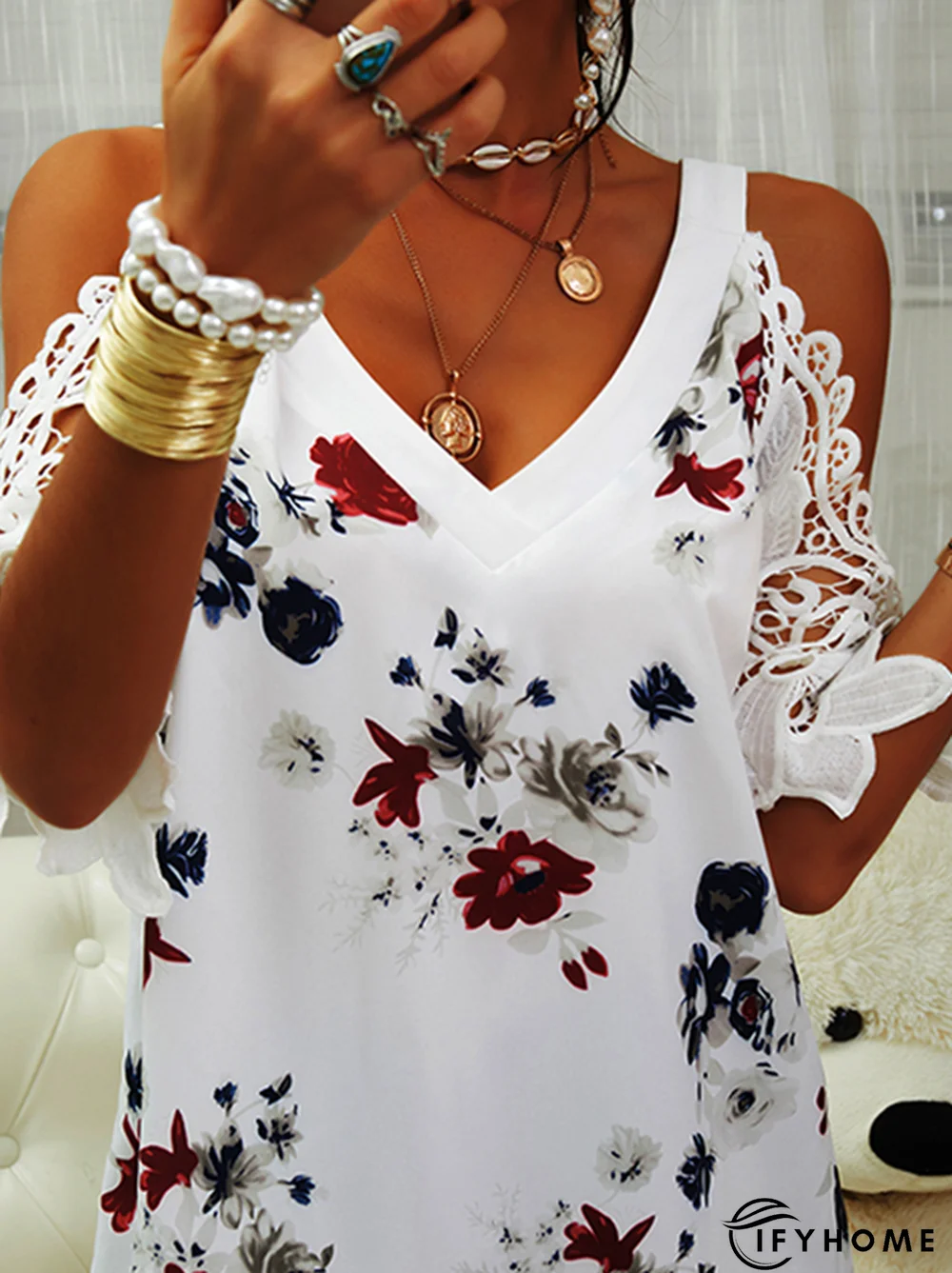 Floral-Print Cotton-Blend Short Sleeve Casual T-shirt | IFYHOME