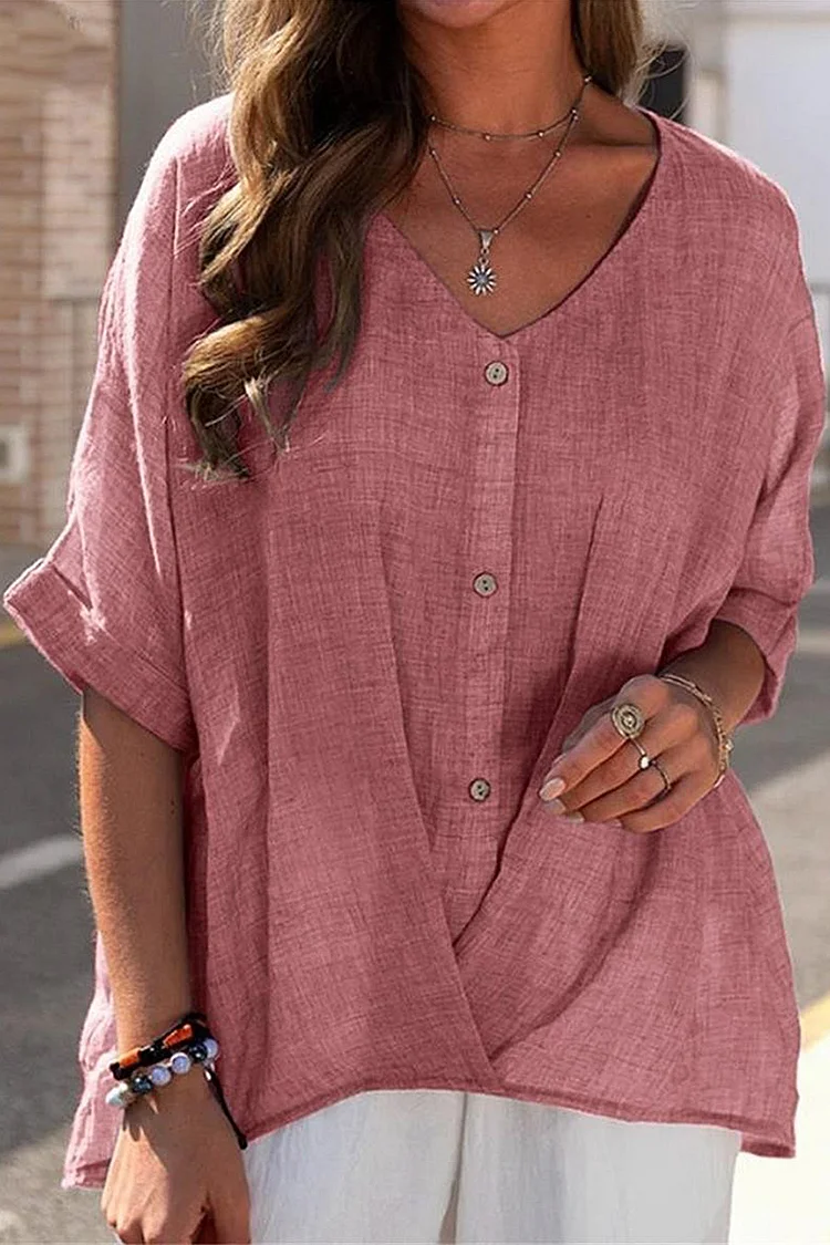 Flycurvy Plus Size Casual Coral Cotton And Linen Fold Button V Neck Blouse