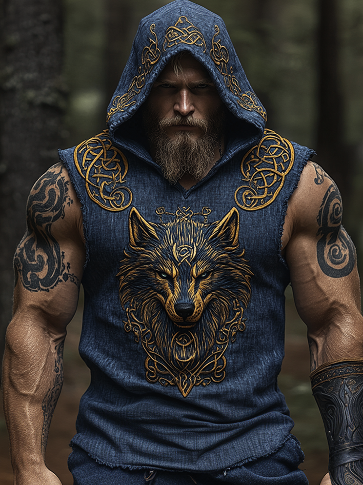 Men's Print Celtic Knot Inspired Wolf Golden Art Pattern Tank Top Hoodie / Rvogue / Rvogue