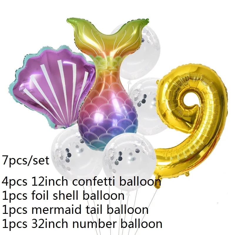 7pcs Mermaid Party Balloons 0 1 2 3 4 5 6 7 8 9 Number Foil Balloon Kids Birthday Party Decorations Baby Shower Helium Globos