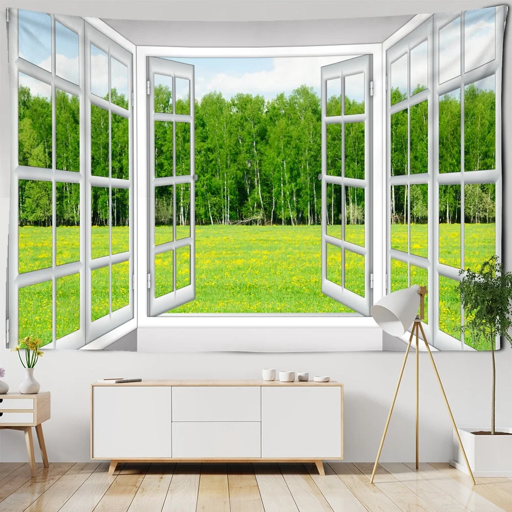 Landscape Outside The Window Tapestry Wall Hanging Bohemian Style Curtain Aesthetic Mandala Room Decor