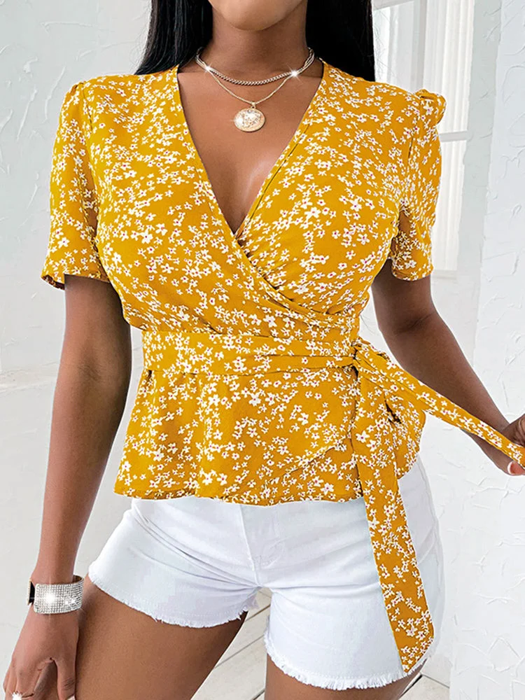 Floral Print Cross Wrap Bandage Short Sleeve Women Blouses SKUI96254 QueenFunky
