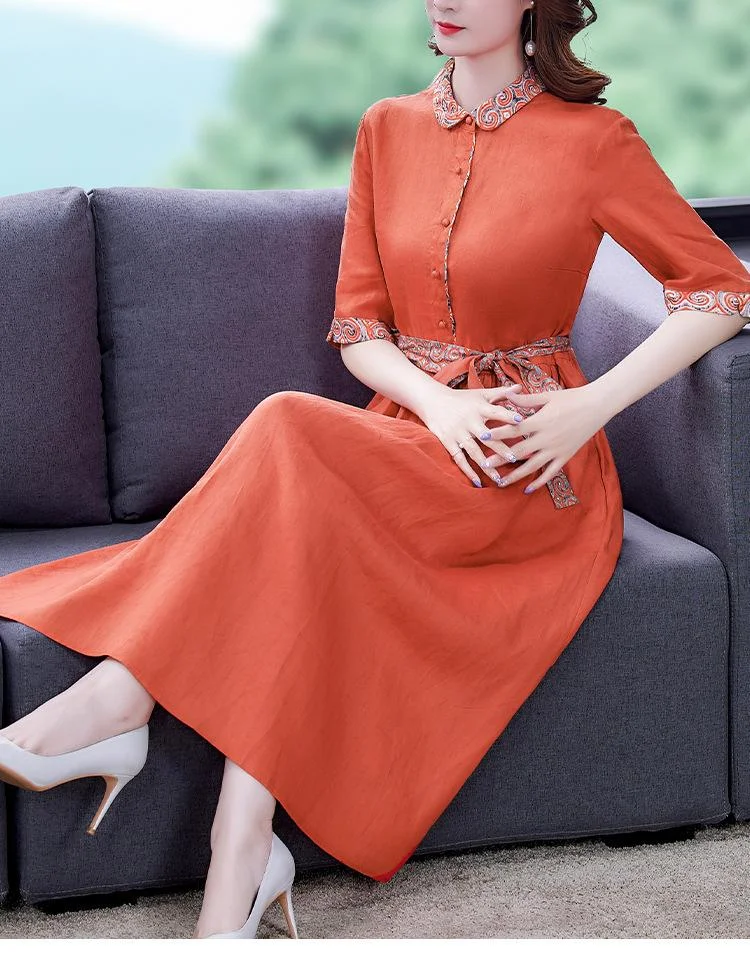 Elegant mid-length cotton and linen dress