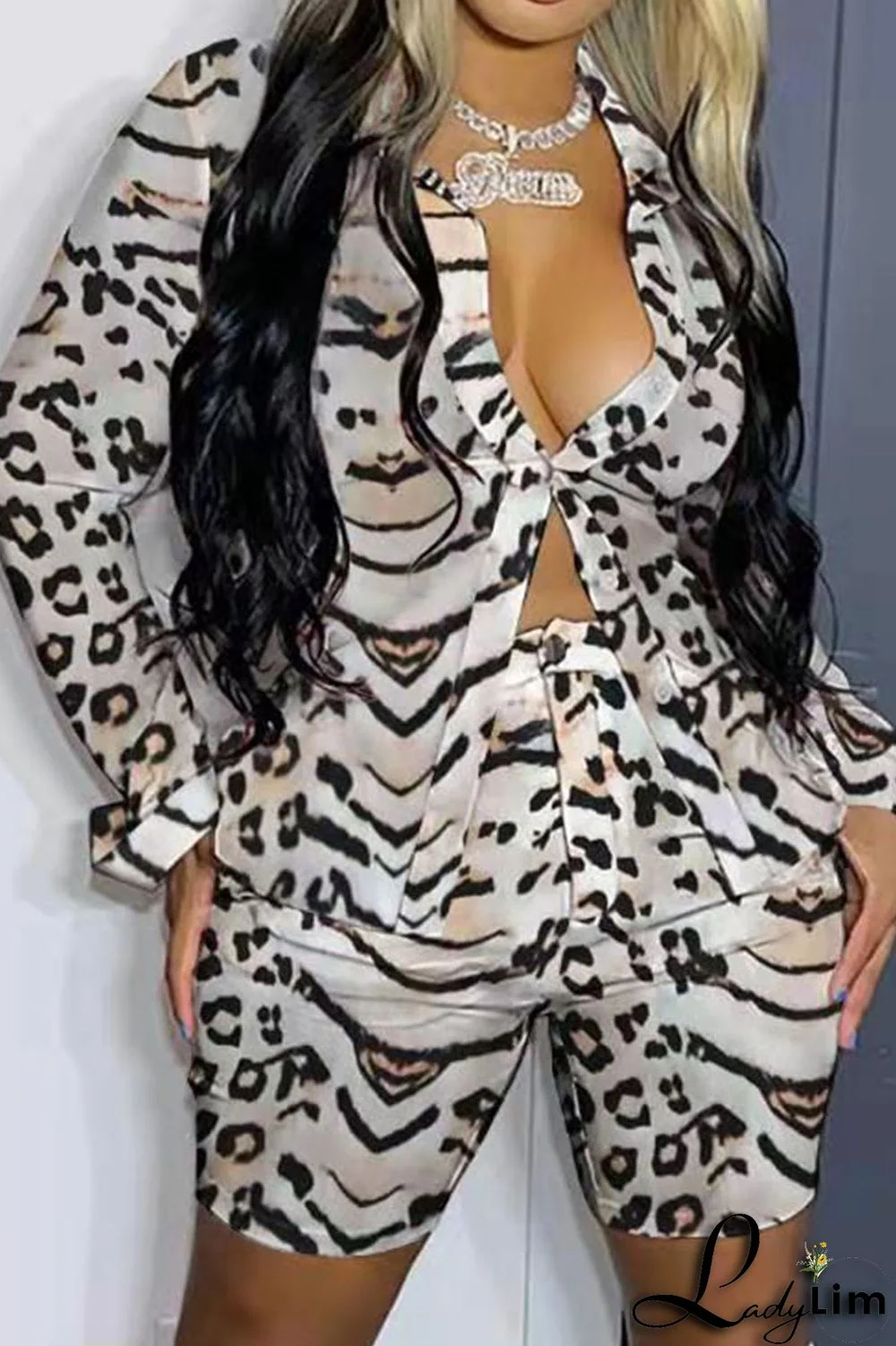 Light Blue Casual Print Patchwork Buckle Turndown Collar Long Sleeve Two Pieces