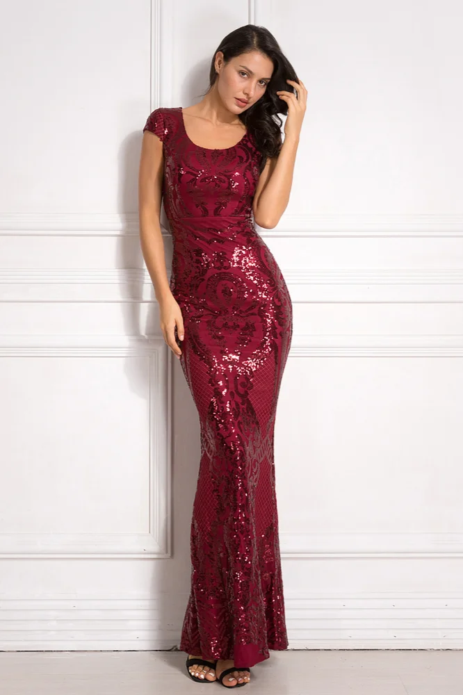 Burgundy Scoop Mermaid Sequins Prom Dress Long Online - lulusllly