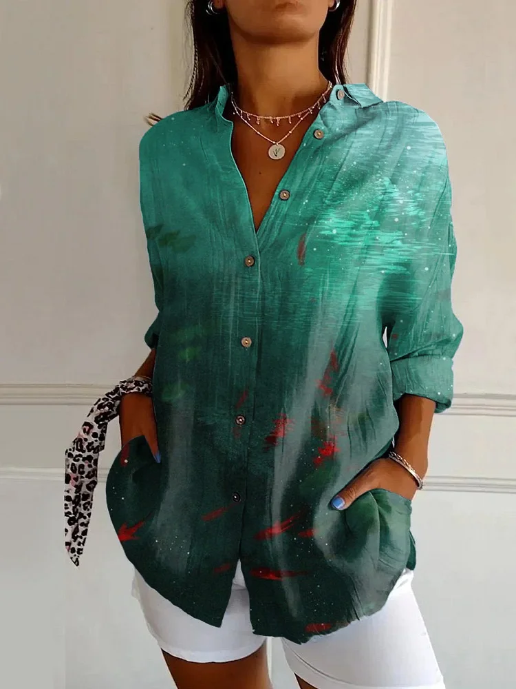 Japanese Goldfish Print Casual Long-sleeved Shirt