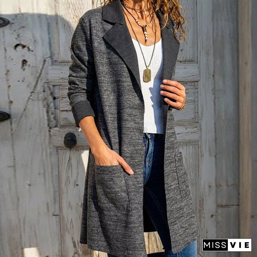 Lady Autumn Turn-down Collar Overcoat Casual Fashion Long sleeve Gray Midi coat Jacket