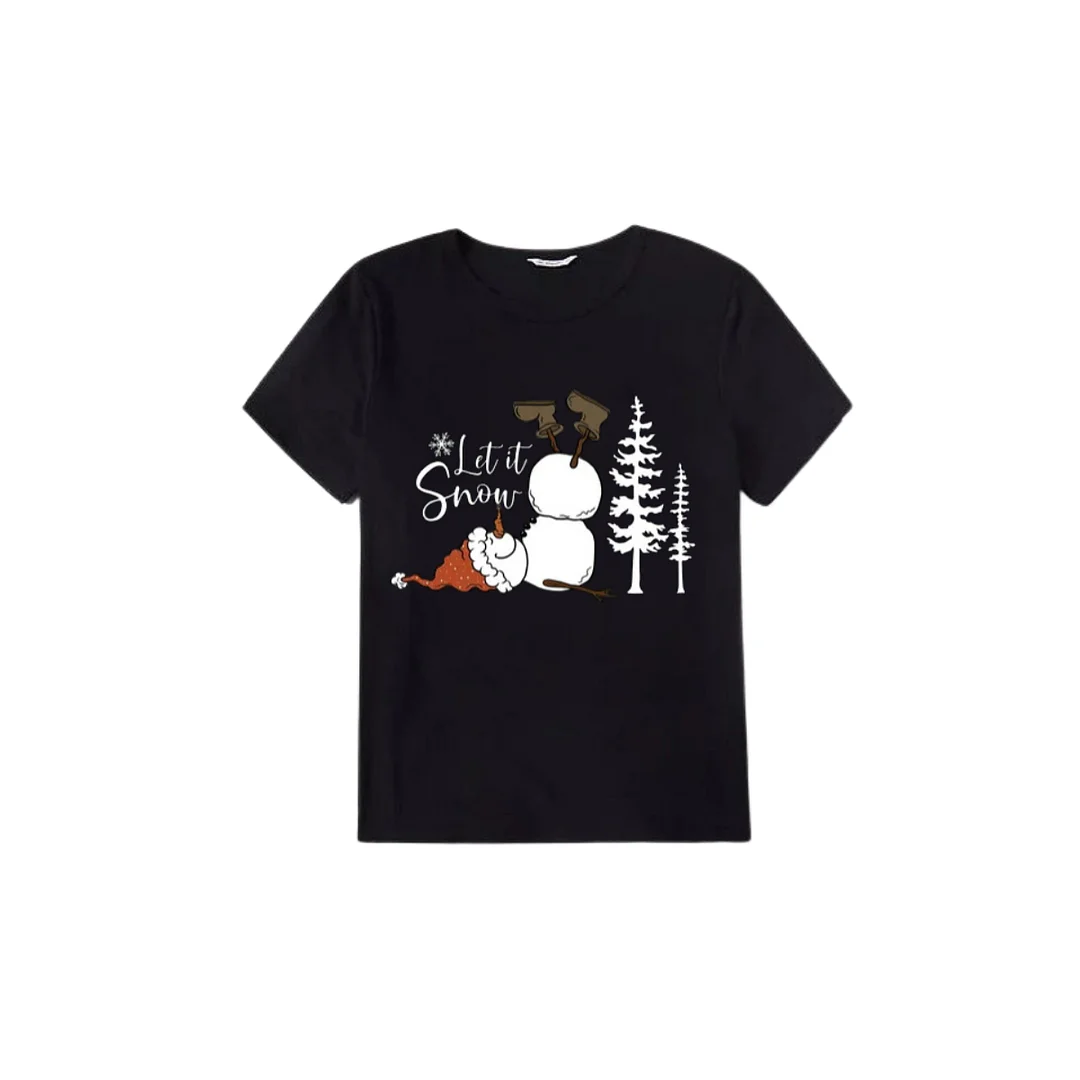 "Let it Snow" Snowman Pattern Black Short Sleeve with Red & Black Plaid Pant Family Matching Pajamas