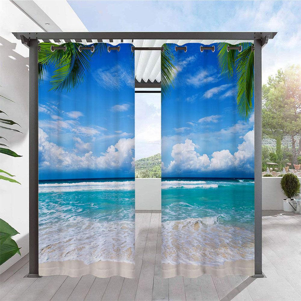 Modern Blue Outdoor Curtains 3D Sea Scenery Cabana Grommet Top Curtain