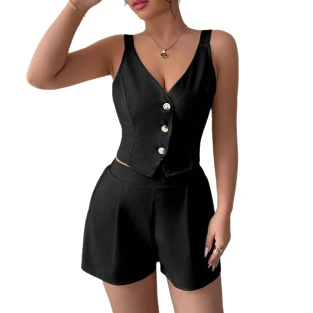 Nigikala Nigikala Temperament Thin Commuter Vest Shorts Solid Color Two-Piece Set