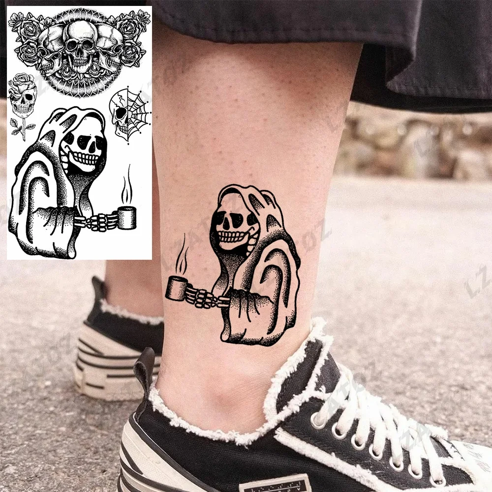 Sdrawing Skull Temporary Tattoos For Woman Man Realistic Skeleton Fake Tattoo Sticker 3D Water Transfer Body Art Tatoos