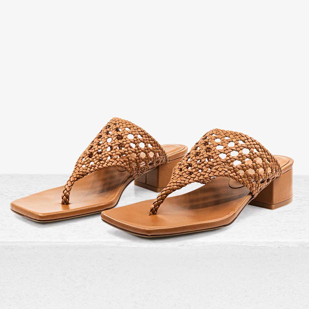 Vegan Leather Square Toe Woven Strap Mules with Chunky Heels Nicepairs