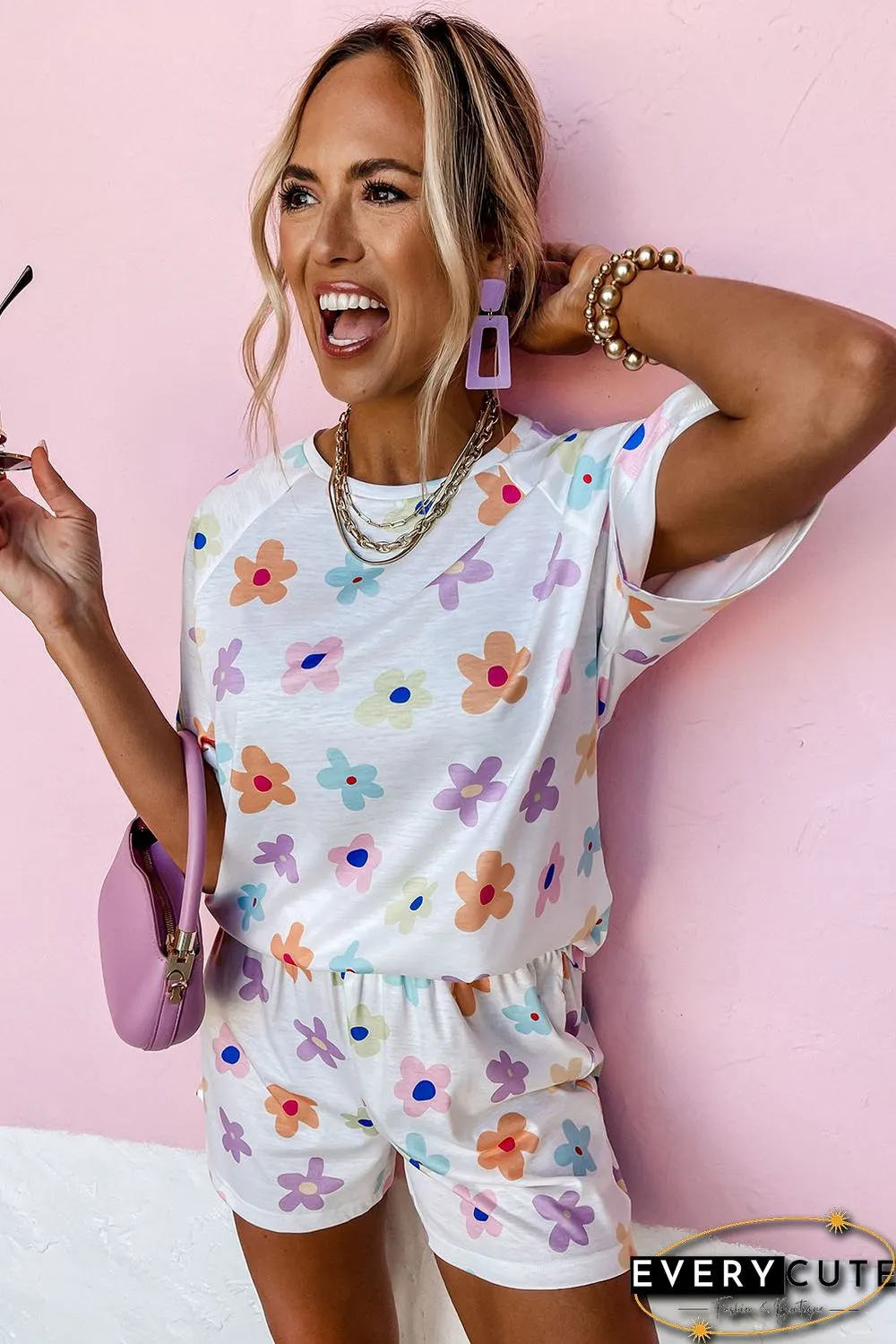 White Flower Print Short Sleeve High Waist Two Piece Shorts Set